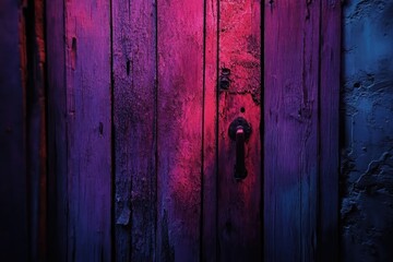 A vibrant image of an old wooden door with peeling paint, illuminated with pink and purple neon light, featuring a dark metal handle.