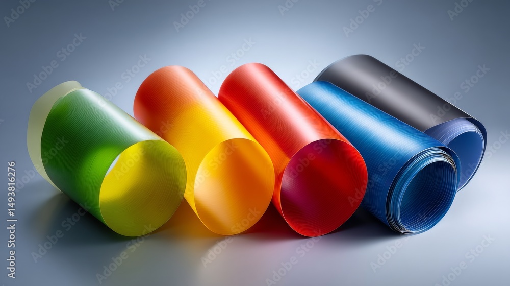 Poster four colorful cylindrical objects arranged in a visually striking manner.