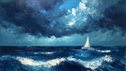 Sailboat with stormy sea, blue sky, and painting.