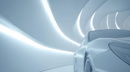 Futuristic car in a modern, illuminated tunnel showcasing sleek design and innovation.