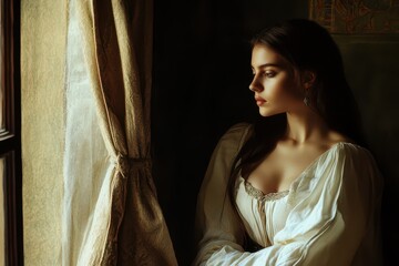 Obraz premium Young woman gazes thoughtfully from a window