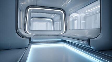 Fototapeta premium Futuristic interior featuring sleek lines and bright LED lighting.