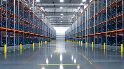 Modern automated warehouse interior with empty shelves and bright industrial lighting in symmetrical layout - Powered by Adobe