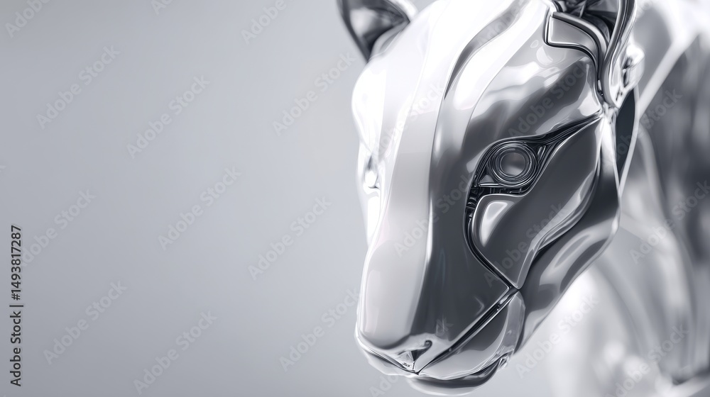Poster futuristic metallic lion face representing advanced robotics and design.