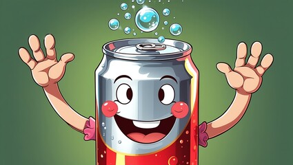 Retro-inspired shiny silver soda can with classic red branding in cartoon form