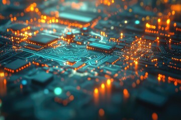 Obraz premium Close-up of a futuristic circuit board with glowing teal pathways and orange highlights, illustrating advanced technology.