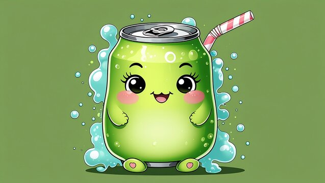 Chubby cartoon soda can holding straw with wrapper and smiling with big eyes