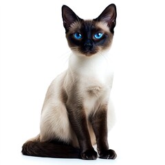 Elegant photo of Siamese cat sitting gracefully with striking bright blue eyes, isolated on clean white background. Ideal for pet photography, animal blogs and design projects