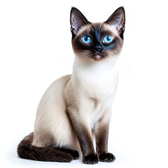 Charming Siamese cat portrait featuring graceful posture, cream-colored fur and vivid blue eyes against plain white backdrop. Perfect for pet care ads and feline lover collections