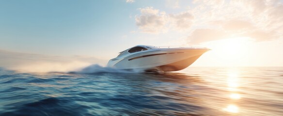 The sleek boat gliding across the calm ocean at sunset.