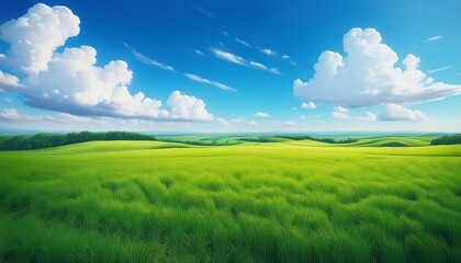 Fototapeta premium landscape cartoon scene background rural with green filed and white cloud in blue sky