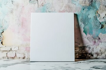 Blank canvas leaning against a textured, colorful, distressed wall.