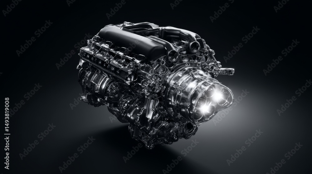 Poster high-tech engine with sleek design illuminated against a dark background.