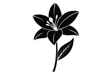 Stylized Black Flower Illustration with Visible Stamens, Stem, and Single Leaf. Floral Design