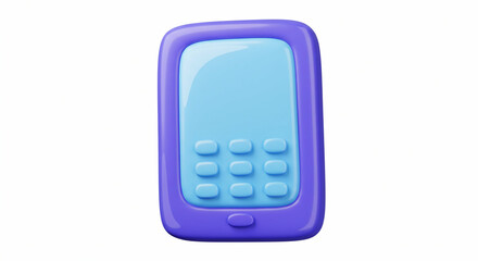 Cartoonish purple gadget with blue screen