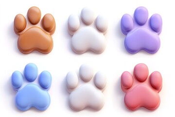 Six charming pastel multicolored cat paw prints in fun cartoon style isolated on white. Suitable for use in social media content, animal care promotions and decorative patterns