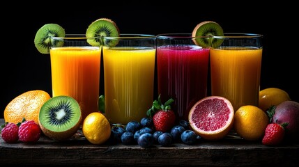 Four colorful fruit juices with kiwi toppers, surrounded by fresh produce