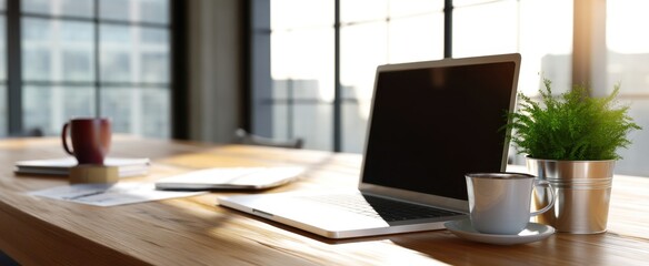 Fototapeta premium The modern workspace featuring a laptop, coffee, and green plant on a desk.