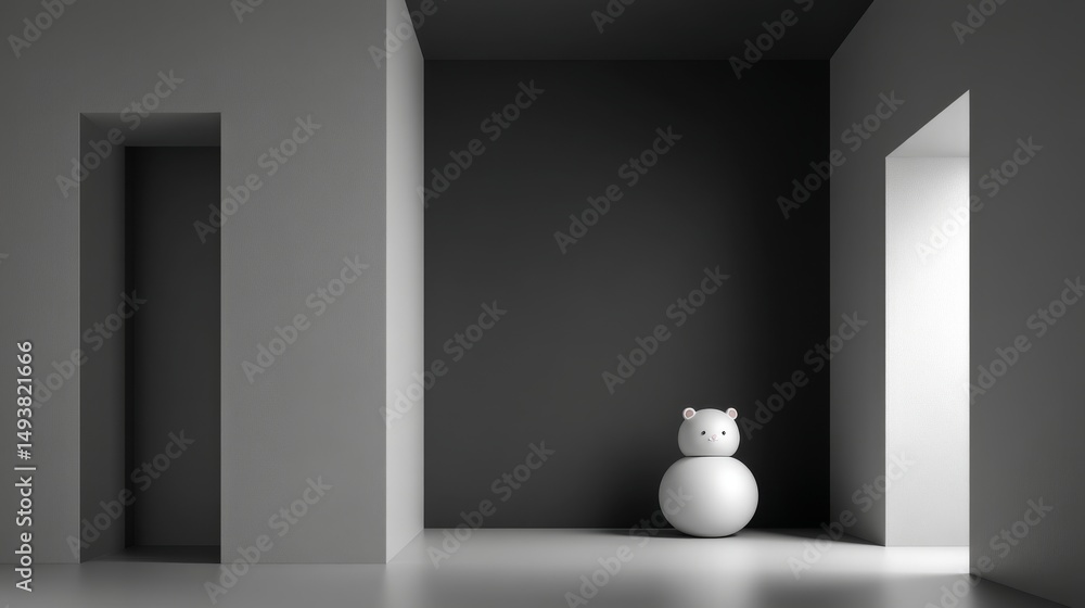 Poster modern minimalist interior with geometric shapes and soft light creating a calm atmosphere.