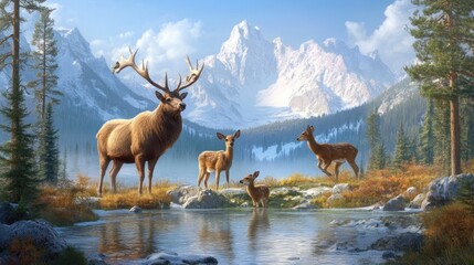 Majestic Elk and Deer Family by a Serene Mountain Lake