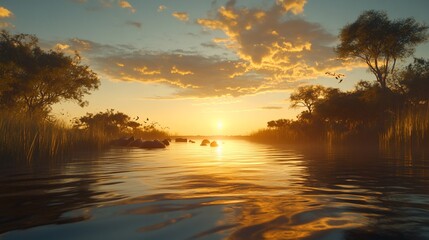 African river scene at sunset with golden light on the water
