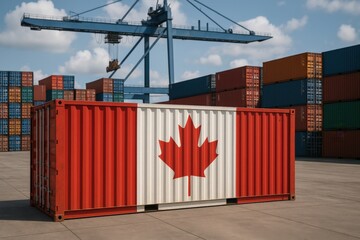 Shipping container painted with the Canadian flag at a port terminal.
Perfect for Canada Day, North American trade topics, or logistics and export/import content