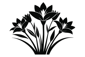 Black Silhouette of Lily Flowers with Stems and Leaves, Floral Vector Graphic