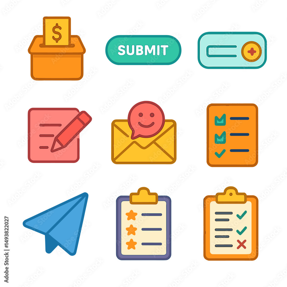 Aufkleber business and productivity flat icons set. workflow and task management symbols