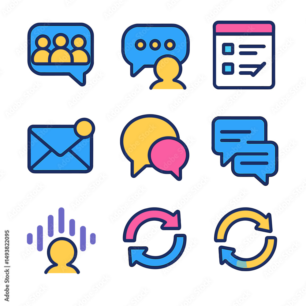 Poster communication and messaging flat icons set. chat and interaction symbols