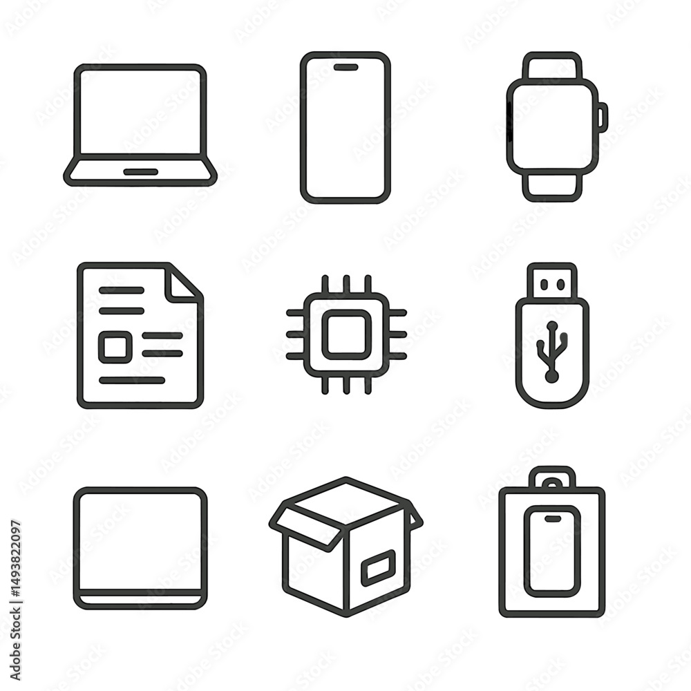 Poster technology linear icons set. gadgets and devices symbols for digital applications