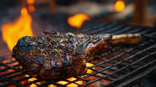 Ribeye Steak on fire grill rack with grill marks 