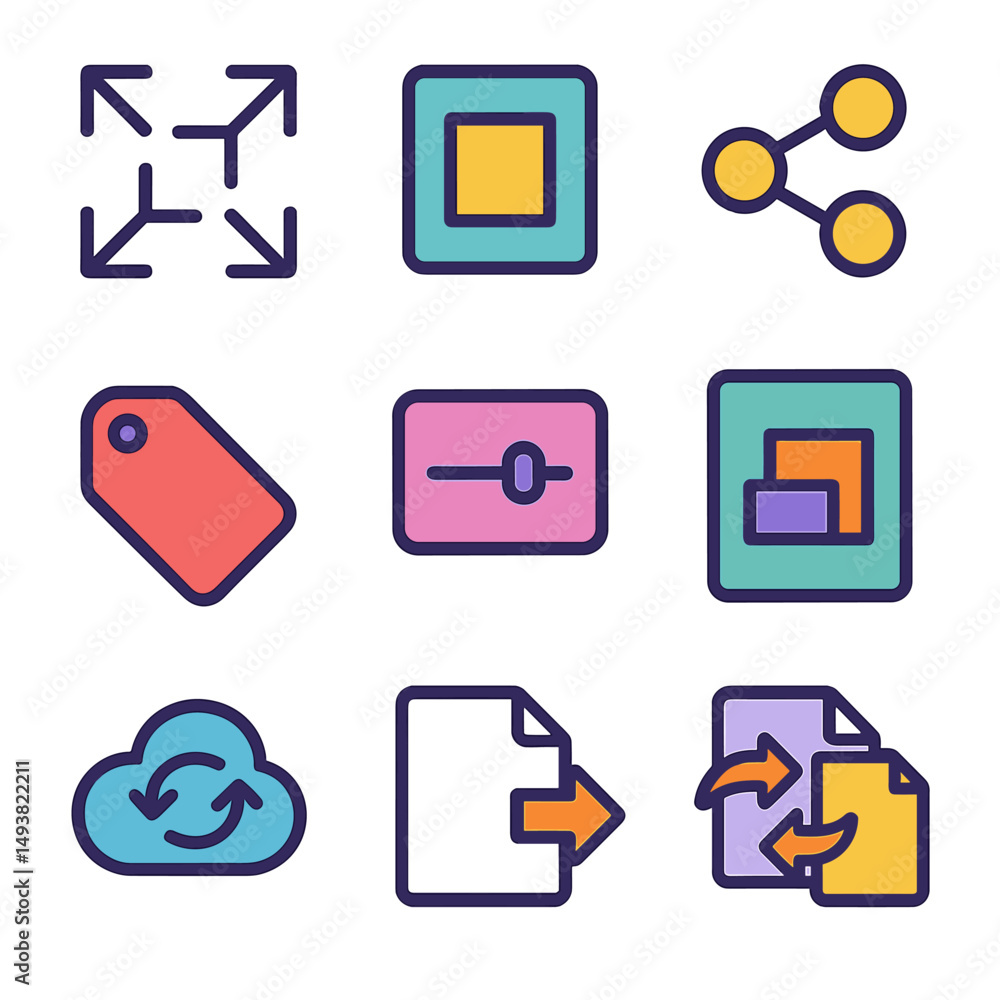 Aufkleber cloud computing flat icons set. digital storage and data sharing symbols
