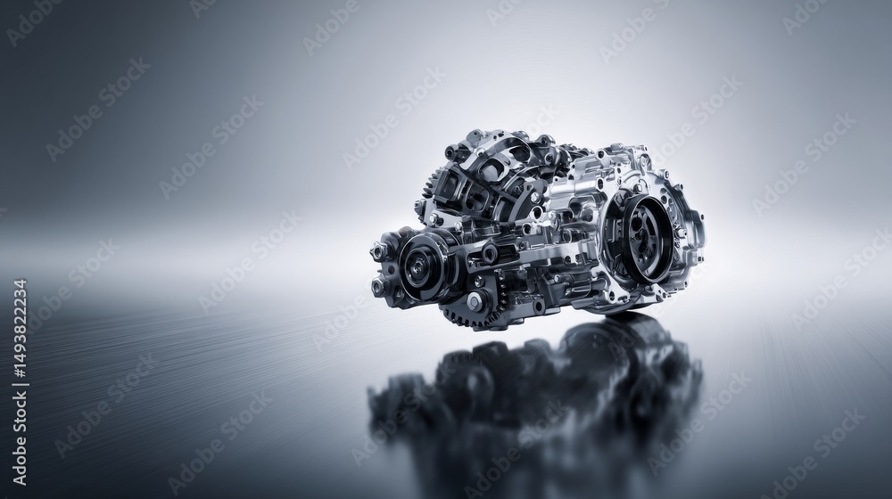 Poster shiny mechanical engine component on a sleek reflective surface, symbolizing innovation.