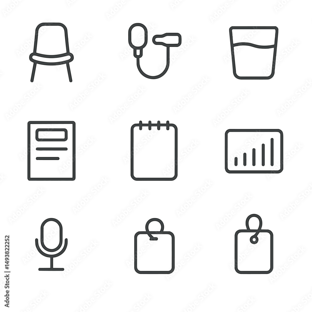 Poster office essentials linear icons set. work and productivity symbols for business