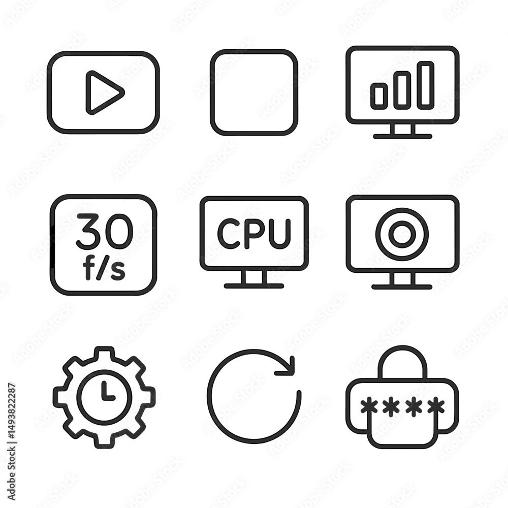 Aufkleber technology and media linear icons set. digital and tech interface symbols