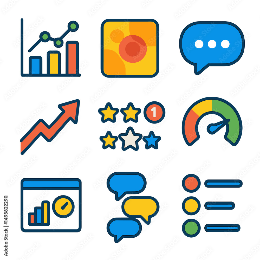 Aufkleber business and analytics flat icons set. data insights and performance indicators