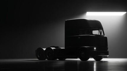 Silhouette of a large truck in a dimly lit space, evoking a sense of mystery and strength.