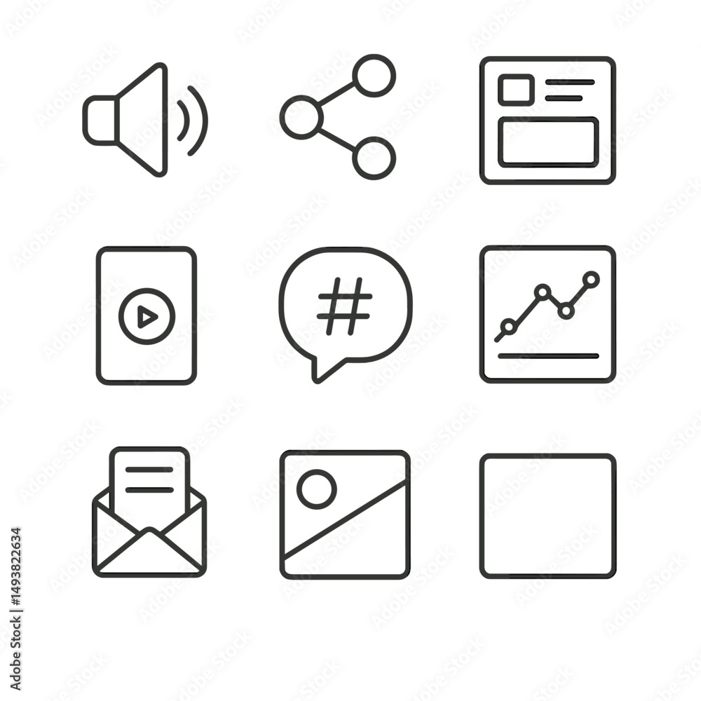 Poster social media linear icons set. communication and networking symbols collection