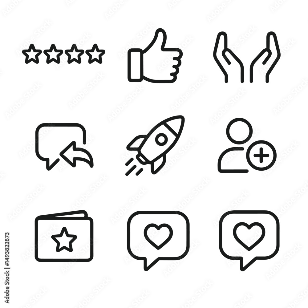 Poster business and communication linear icons set. feedback and user interaction symbols