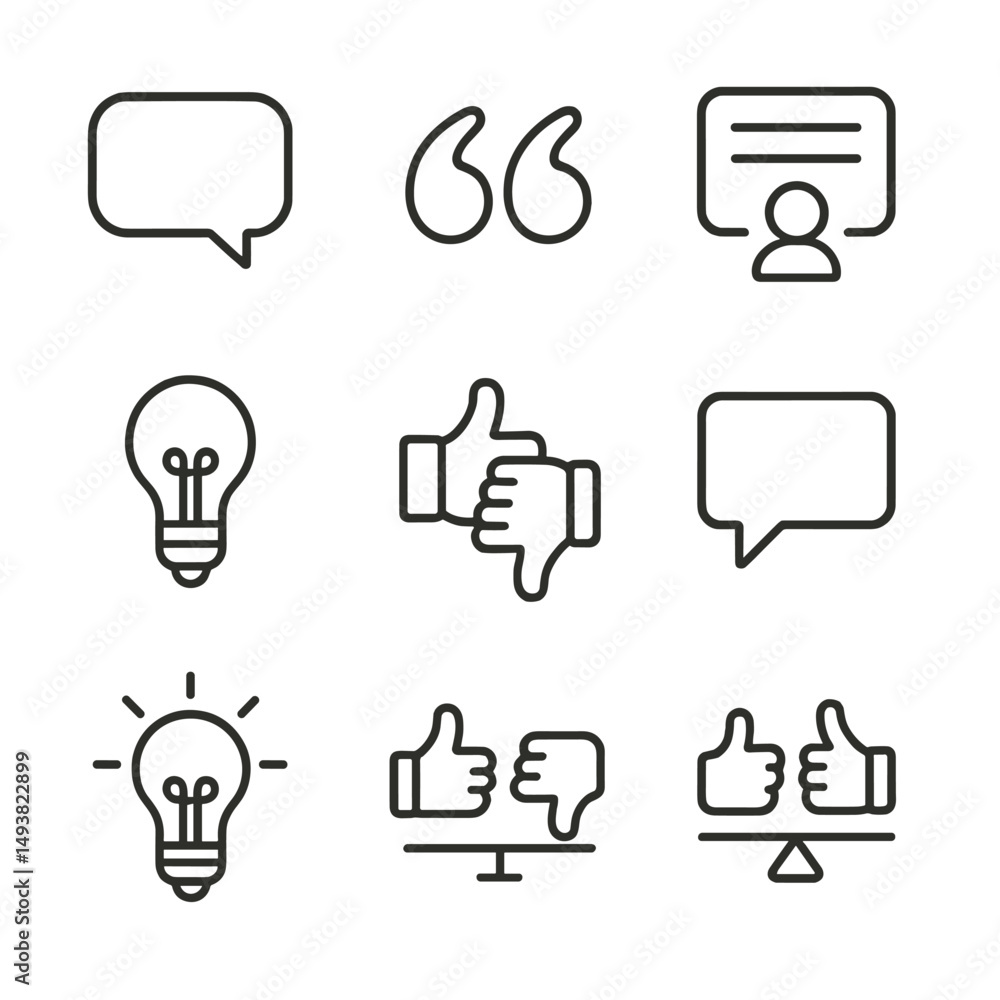Poster communication and feedback linear icons set. dialogue and interaction symbols
