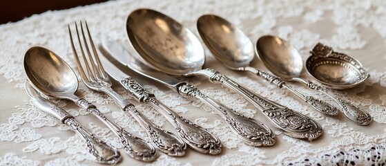 Antique silverware, ornate spoons, fork, knife arranged on a lace surface