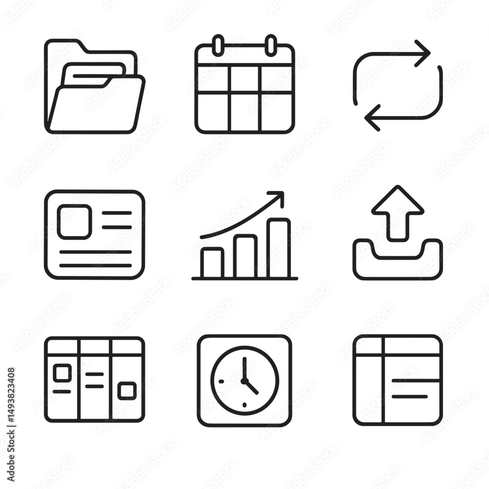 Poster business and productivity linear icons set. office tools and workflow symbols