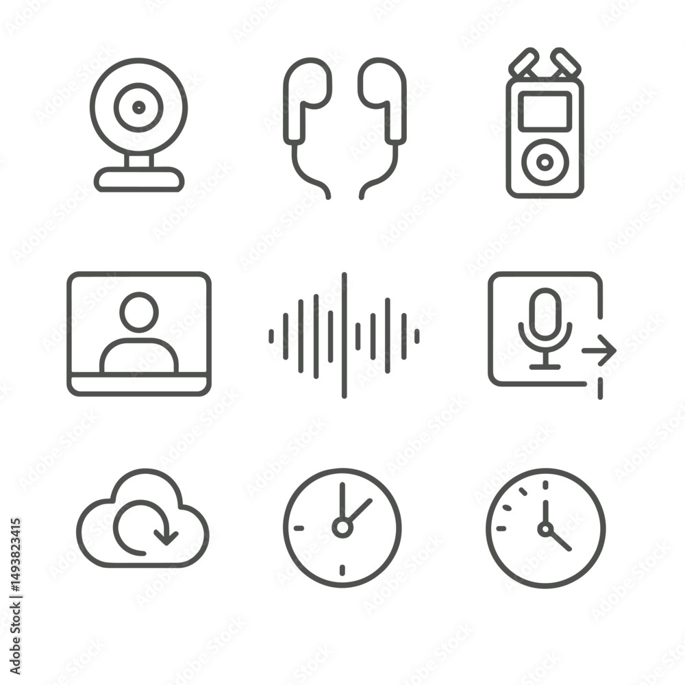 Poster communication and media linear icons set. messaging and connectivity symbols