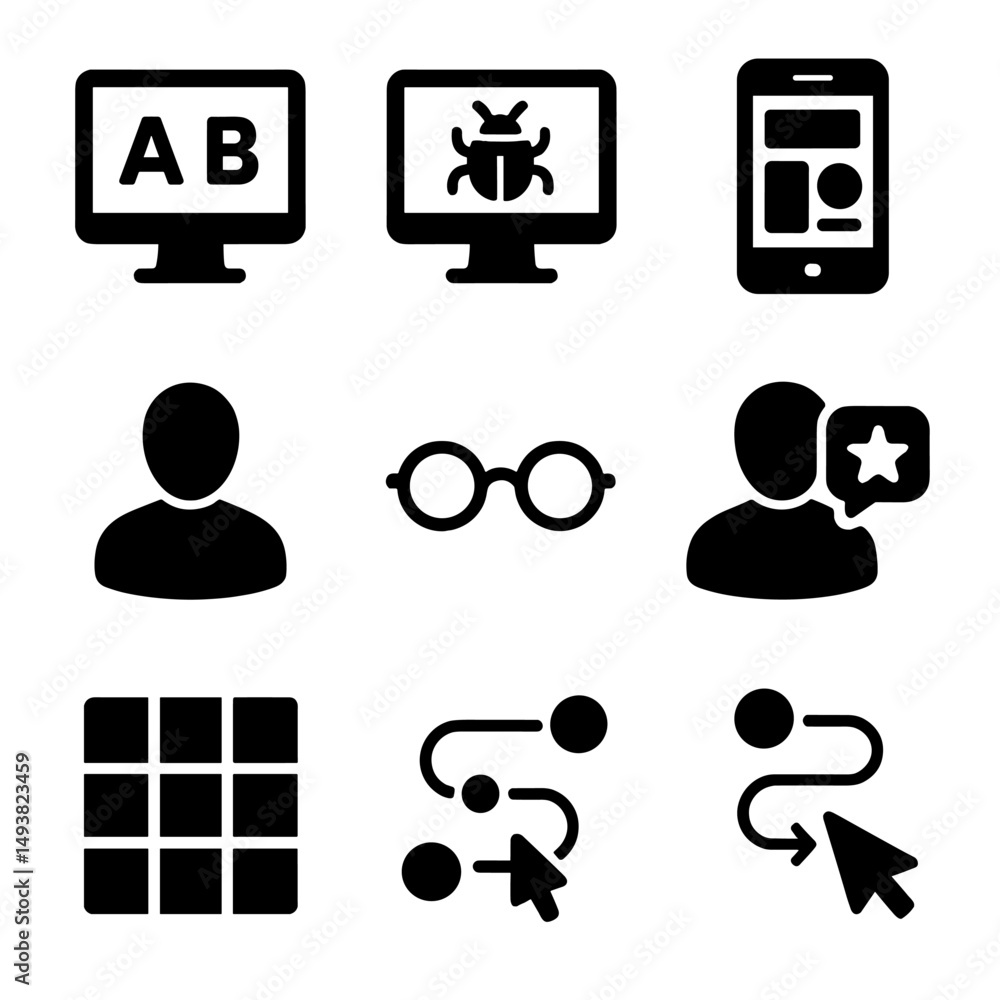 Poster technology and software silhouette icons set. digital tools and development symbols