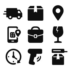 Shipping and delivery silhouette icons set. logistics and transportation symbols