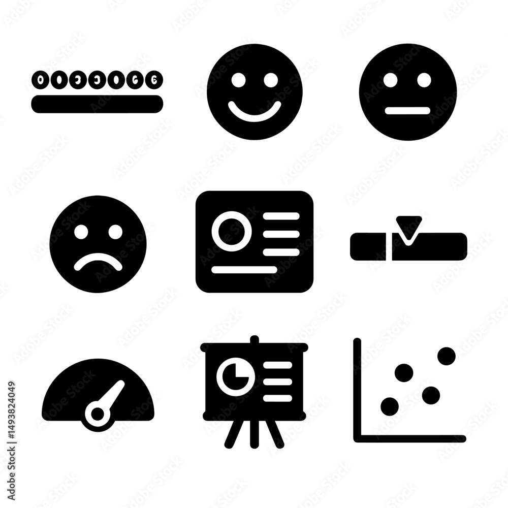 Poster data analysis silhouette icons set. metrics and statistics symbols collection