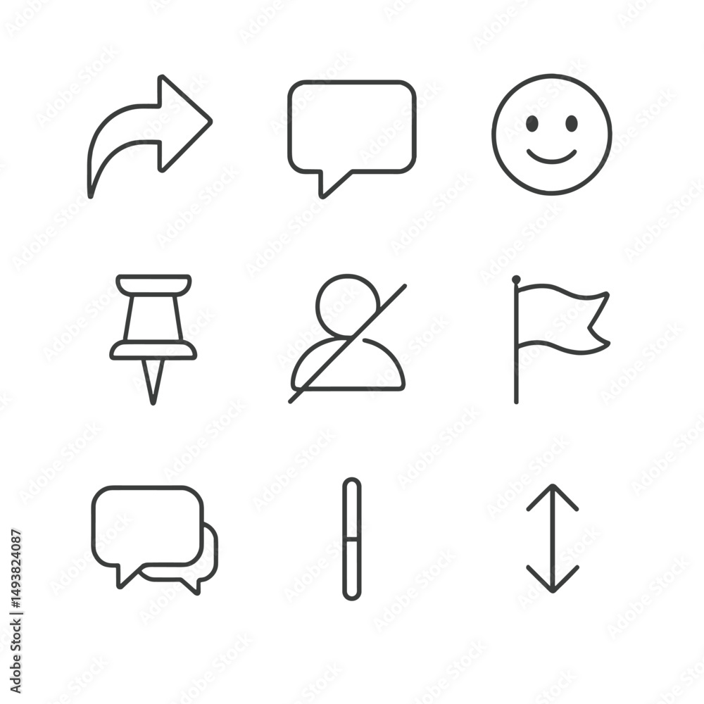 Poster communication and interaction linear icons set. messaging and social media symbols