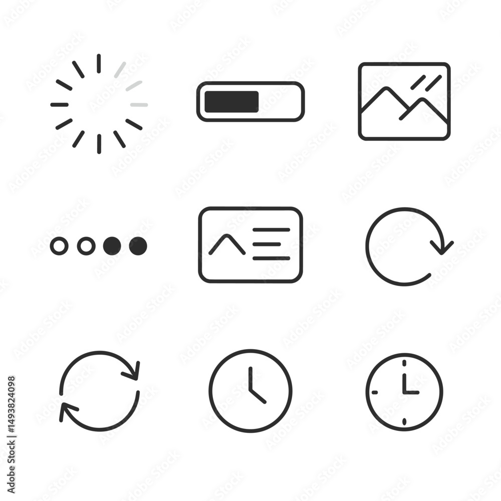 Poster loading and progress linear icons set. interface and ui design symbols