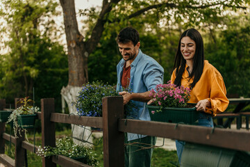 Gardeners hanging flower pots on wooden fence in backyard