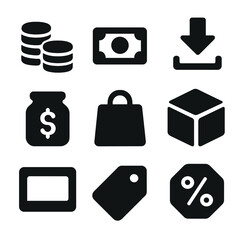 Finance and shopping silhouette icons set. money, commerce, and retail elements